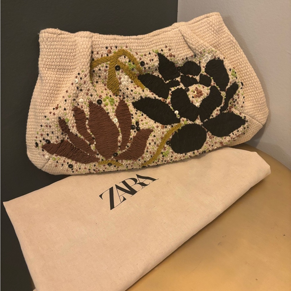 Zara Cream and Brown Floral Clutch with Sequined Design
